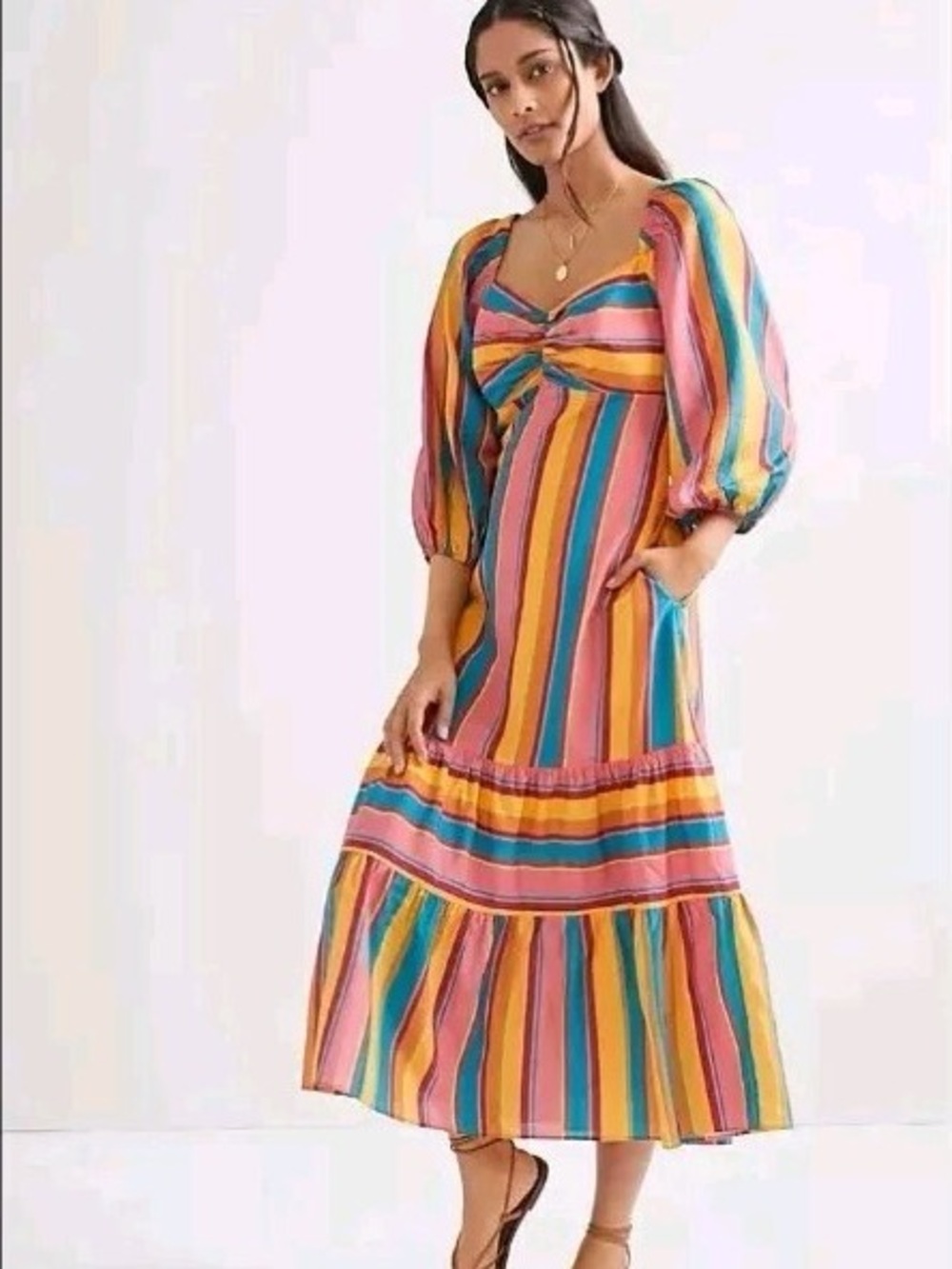 FarmRio Anthropologie Striped Maxi Dress in Pink, Yellow, Blue, Orange medium